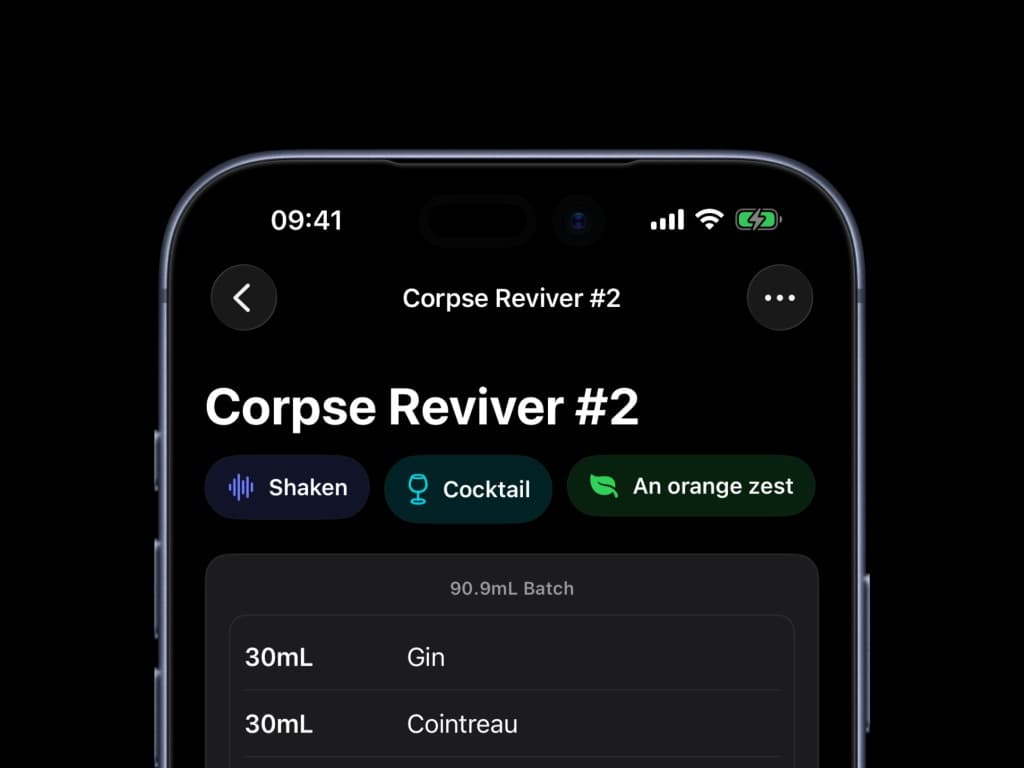 Cocktail spec with ingredients, method, and batch button